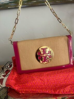 Tory Burch Natural Raffia Crossbody with Pink Patent Trim